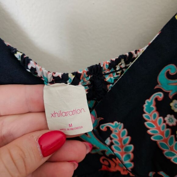 Xhilaration Maxi Dress Spaghetti Strap Navy Blue Printed V-Neck Casual Vacation - Picture 8 of 11